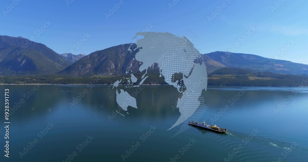 Fototapeta premium Floating stylized globe overlay covering mountain lake center, reflecting peaks, showing boat wake