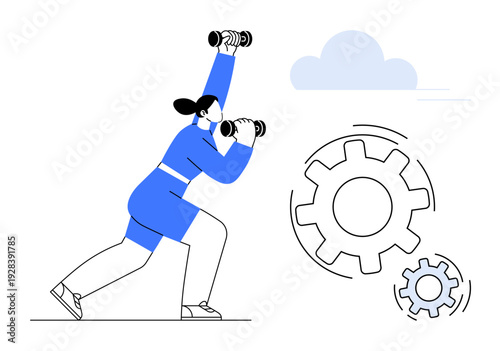 Fitness, productivity, personal development, self-improvement, goal setting, time management. Woman lifting dumbbells near abstract gears and clouds. Productivity and personal development concept