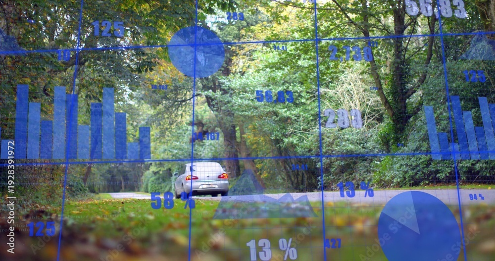 Fototapeta premium Driving white hatchback heading away on paved forest road, with blue data visualization overlay