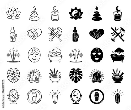 Wellness and holistic spa icon set featuring hybrid symbolic designs combining lotus yin yang elements incense vibrations and organic skincare symbols