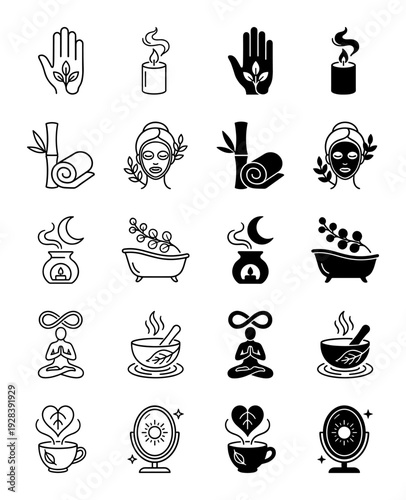 Wellness and holistic health icon set featuring hybrid symbols of zen meditation yoga practice and organic spa treatments in dual line and solid style