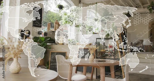Obraz Featuring centered round wood table with two chairs in cozy cafe, holding laptop and pampas vase