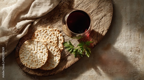 Traditional Passover imagery: matzah rounds and wine on a textured wooden board