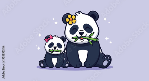 Adorable Panda Family Enjoying Bamboo Shoots Together.