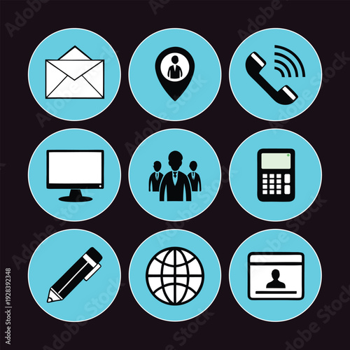 Business and communication flat icon set with email, phone, location and office symbols in blue circle style
