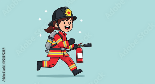 Brave Female Firefighter Running with Extinguisher.