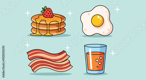 Breakfast Food Set with Pancakes Fried Egg Bacon and Orange Juice.