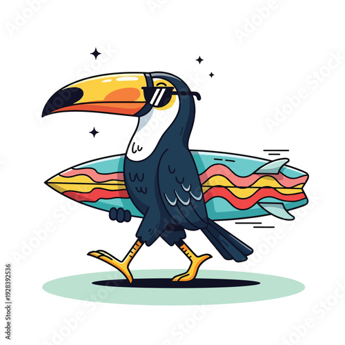 Cool Toucan with Sunglasses and Surfboard.