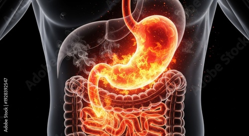Burning Human Digestive System Illustrating Severe Heartburn, Acid Reflux, or Inflammation - Medical Pain and Health Concept.
