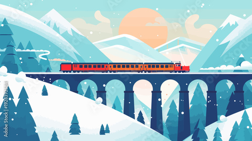 A stylized winter landscape features a train on a bridge with mountains, trees, and falling snow