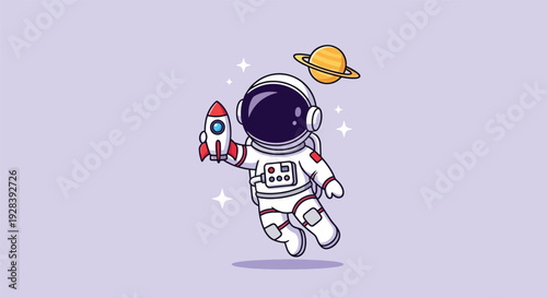 Cute Astronaut Floating in Space with Rocket and Planet.