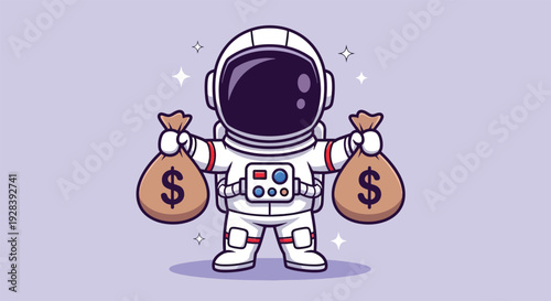 Cute Astronaut Holding Money Bags Illustration.