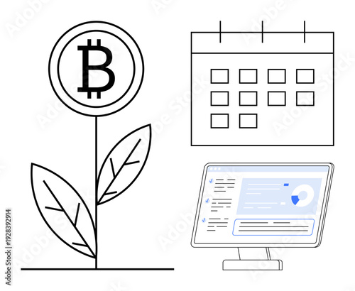 Cryptocurrency, financial growth, blockchain investment, digital economy, decentralized finance, technology trends. Bitcoin symbol on a plant, calendar and analytics dashboard. Cryptocurrency