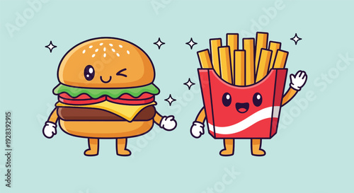 Cute Cartoon Burger and French Fries Waving Vector Illustration.