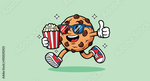 Cute Cartoon Cookie Character Wearing 3D Glasses and Holding Popcorn Giving Thumbs Up.