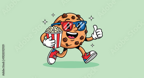 Cute Cartoon Cookie Character with 3D Glasses and Popcorn Giving Thumbs Up.
