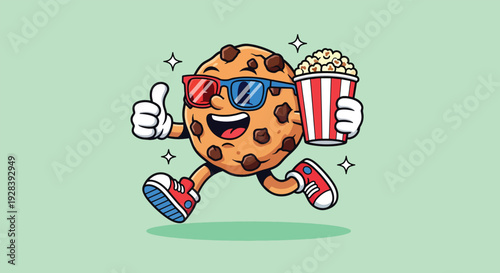 Cute Cartoon Cookie Character with Popcorn and 3D Glasses.