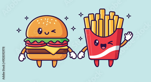 Cute cartoon burger and french fries holding hands.