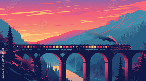 A vintage train travels across a stone arch bridge at sunset over forested valley and mountains