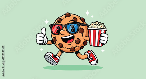Cute cookie character with 3D glasses and popcorn giving a thumbs up ready for a movie.