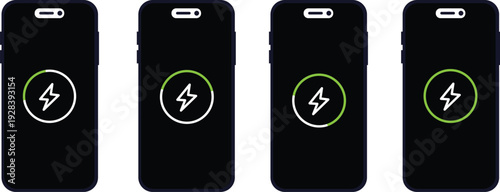 Mobile phone battery charging status icons showing various power levels from low to full isolated flat design vector