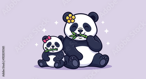 Cute Mother and Baby Panda Eating Bamboo Together Vector.