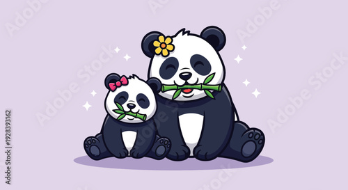 Cute Mother and Baby Panda Eating Bamboo Together Vector Illustration.