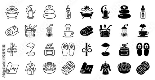 Modern wellness and spa icon collection featuring hybrid concepts like herbal essence dropper and zen stone stack with heart in line and solid style