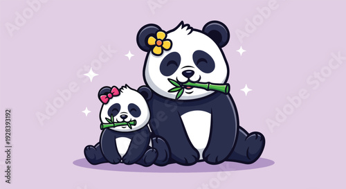 Cute Mother and Baby Panda Eating Bamboo Together.