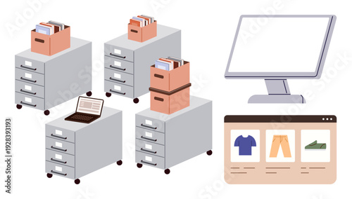 Organization, e-commerce, office workflow, digital tools, data storage, online shopping. Filing cabinets with files and boxes, digital screen e-commerce webpage. Organization and e-commerce concept