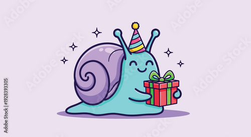 Cute Snail Celebrating Birthday with Gift Box.
