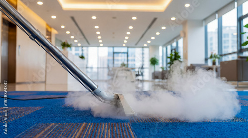 Professional steam cleaning of a blue carpet in a modern office lobby with large windows