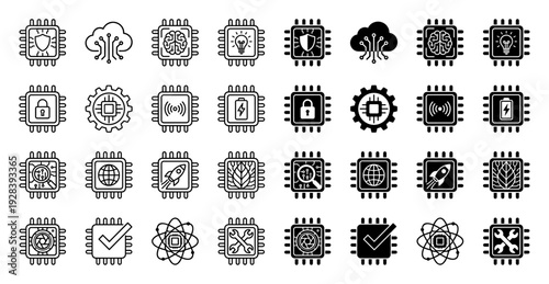 Collection of hybrid microchip icons merging hardware circuitry with conceptual symbols like brain intelligence security shield and sustainable energy