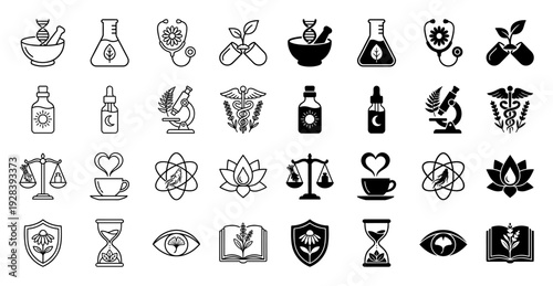 Collection of holistic medicine icons blending traditional herbalism with modern science featuring dna mortar and pestle or plant in medicine capsule