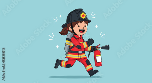 Happy female firefighter running with fire extinguisher.