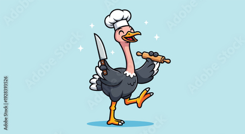 Happy Ostrich Chef with Knife and Rolling Pin Cartoon Illustration.