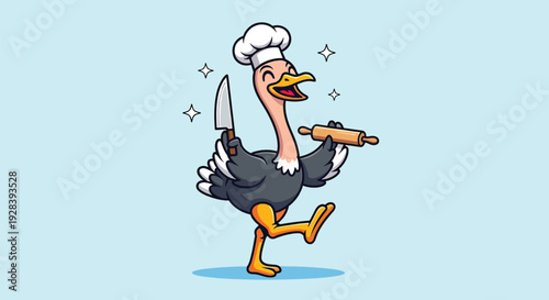 Happy Ostrich Chef with Knife and Rolling Pin.