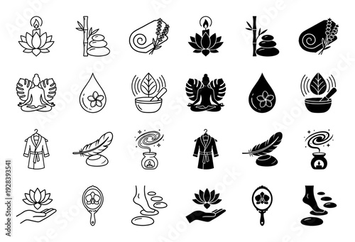 Professional wellness and spa hybrid icon set featuring minimalist combinations of lotus flowers candles zen stones bamboo and botanical elements