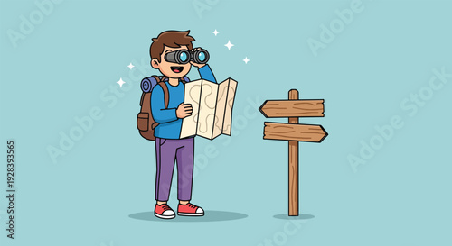 Man with VR headset and map at crossroads exploring virtual reality travel.