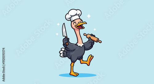 Ostrich Chef with Knife and Rolling Pin Vector.