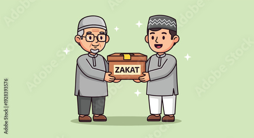 Muslim men giving and receiving Zakat charity in a cartoon illustration.