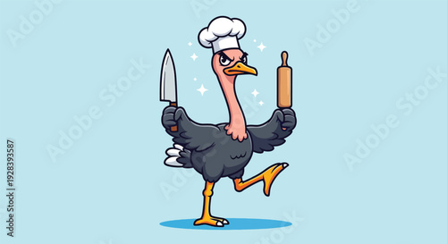 Ostrich Chef with Knife and Rolling Pin Cartoon Illustration Vector Illustration.