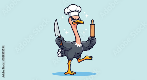 Ostrich Chef with Knife and Rolling Pin Cartoon Illustration.