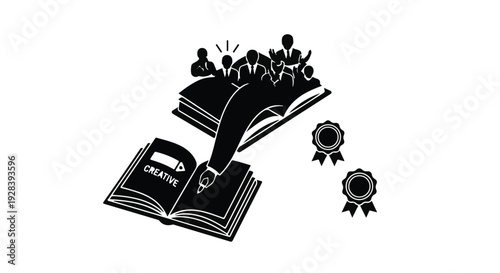 education and learning concept with people emerging from book