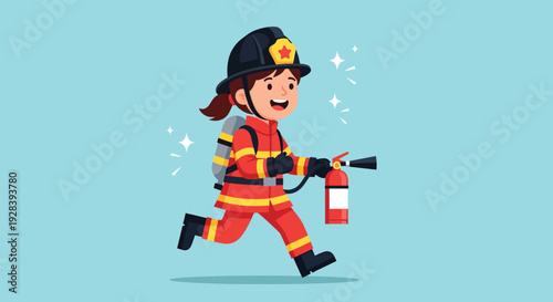 Young female firefighter running with extinguisher ready for emergency response.