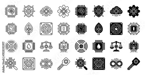 Hybrid Microchip Icon Set Combining Hardware Circuitry with Organic and Industrial Symbols Including Brain Heart Leaf Rocket and Shield