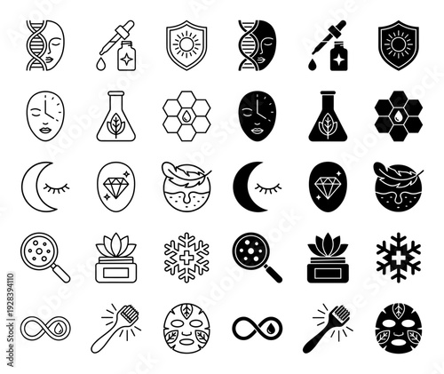 Skincare and Cosmetology Hybrid Icons Featuring DNA Face Helix Sun Shield Protection Honeycomb Essence and Botanical Lab Flask Elements