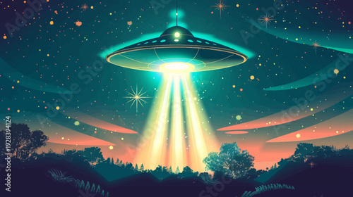 A flying saucer emitting a bright beam of light over a silhouetted landscape under a starry night sky