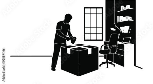 man packing box in home office moving