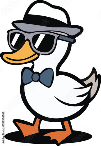 This charming illustration features a dapper duck character dressed in stylish sunglasses, a bow tie, and a fashionable hat. With its cheerful expression and confident stance, this character radiates 